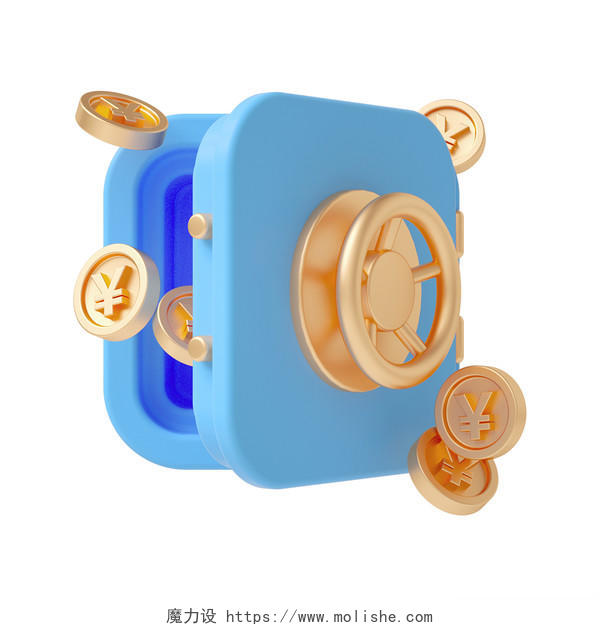 蓝色卡通3D立体金币宝箱元素
